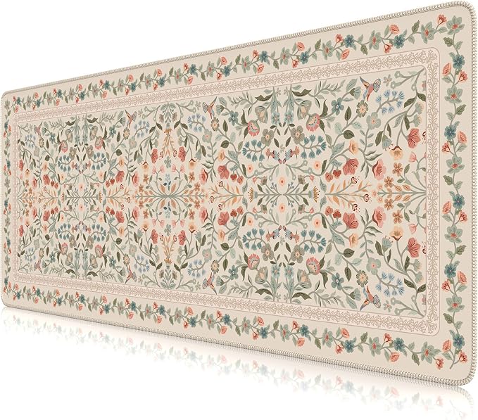 iCasso Aesthetic Desk Mat,31.5x11.8in Mouse Pads,Beige Floral | Anti-Slip Mousepad with Stitched Edges, Waterproof Computer Pad, Desk Accessories Office Decor for Women