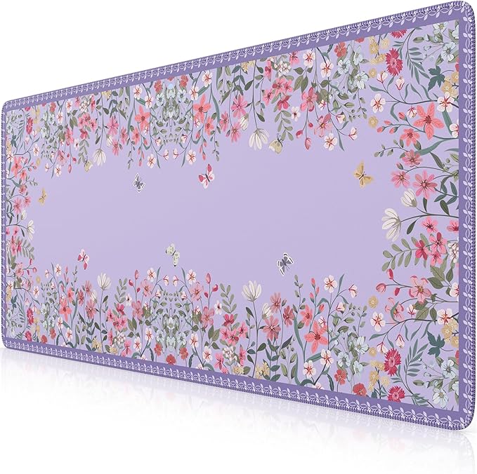 iCasso Large Desk Mat for Keyboard and Mouse,Cute Desk Pad,Purple | Anti-Slip Floral Computer Mat for Women, Girly Gaming Mouse Pad for Home Office