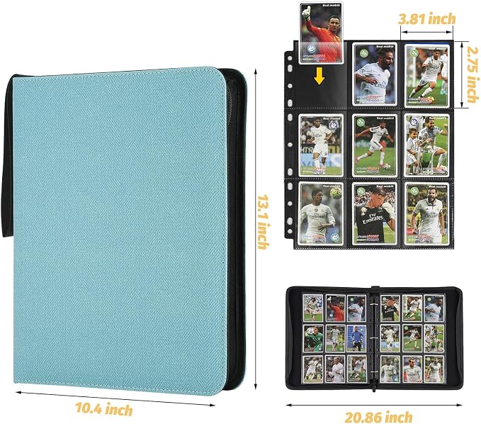 GERMUN 3 Ring 9 Pocket Zipper Card Binder, 720 Double Sided Standard PU Trading Card Album Folder for TCG & Sports Cards, Not Fit Top Loaders (Lake Blue)