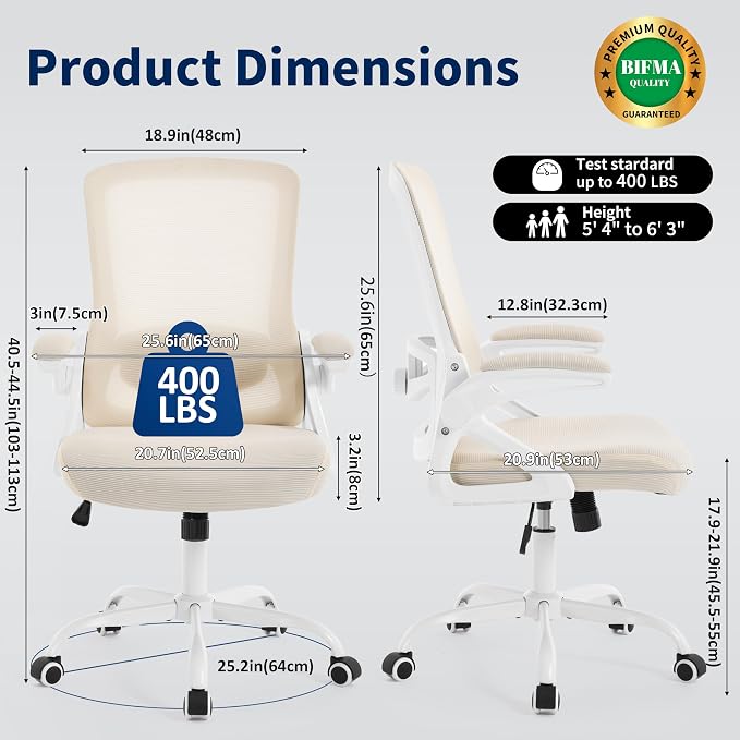 Ergonomic Office Chair Desk Chair with Adjustable Lumbar Support | Mesh Computer Chair Home Office Desk Chair with Flip-up Armrests Executive Task Chair Comfy Mesh Gaming Chair (Buff Beige)