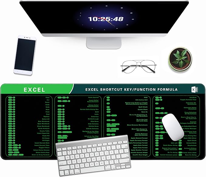 Excel Cheat Sheet Desk Pad, 31.5"x11.8", Waterproof Extra Large Excel Shortcut Mat with Stitched Edges, Anti-Slip Excel Mouse Pad for Office Desk, MS Excel/Word Shortcuts (Green Excel H)