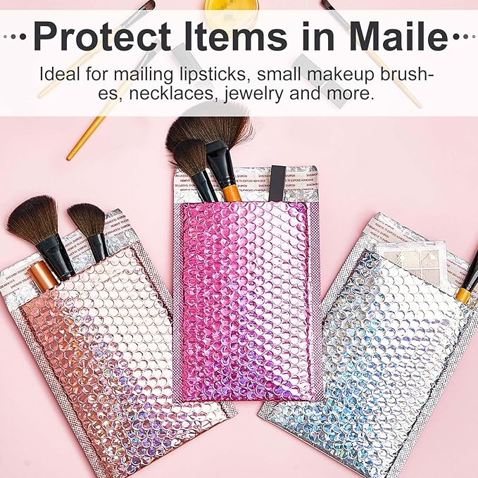 Henoyso 60 Pcs 8 x 11.5 Inch Holographic Bubble Mailers Metallic Padded Envelopes Self Seal Waterproof Shipping Bags Thick Cushioning Mailers for Book Clothes Makeup Jewelry, Silver, Pink, Rose Pink