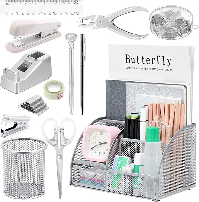 13-in-1 Office Desk Organizer Set for Back to School Supplies Accessories | Organizer Set with Stapler and Tape Dispenser, Pen Holder, Scissors, Ruler, Hole Punch, 2 Pens & More Desk Supplies