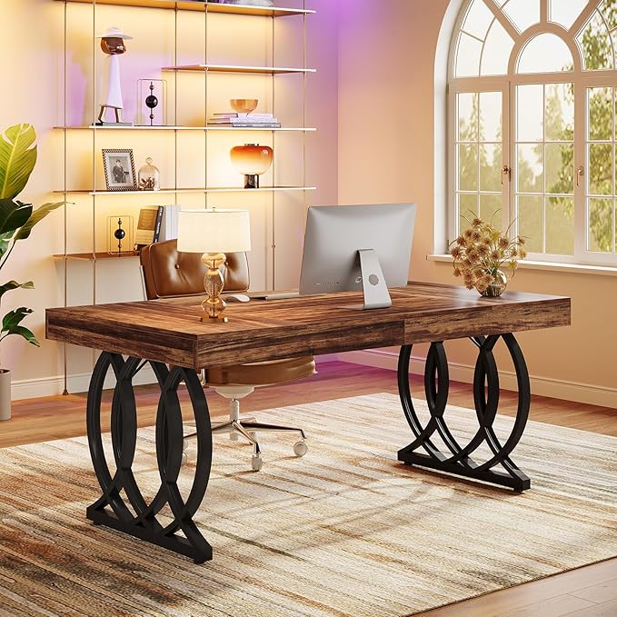 Tribesigns 63-Inch Executive Desk, Modern Office Computer Desk with Stylish Gold Legs, Rectangular Workstation for Home Office, Small Conference Table for Meeting Room (Brown & Black)