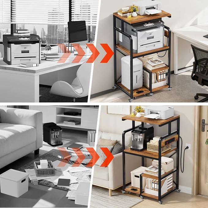 POKIPO 4 Tier Large Printer Stand Table with Power Outlet Adjustable Shelf | 26.7" x 21.2" x 50.2" Tall Cart,Fit 2/3 printers, Rolling with Wheels,Home Office Kitchen Stand,for 3D Printer Paper Shredder