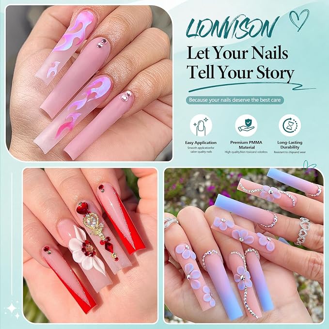LIONVISON Nail Tips Square Set: 504PCS XXXL No C Curve Straight Tapered Square Nail Tips Extra Long Clear Nail Tips with Nail Extension Glue Gel Prep Dehydrator Primer File UV Curing Lamp for Home DIY