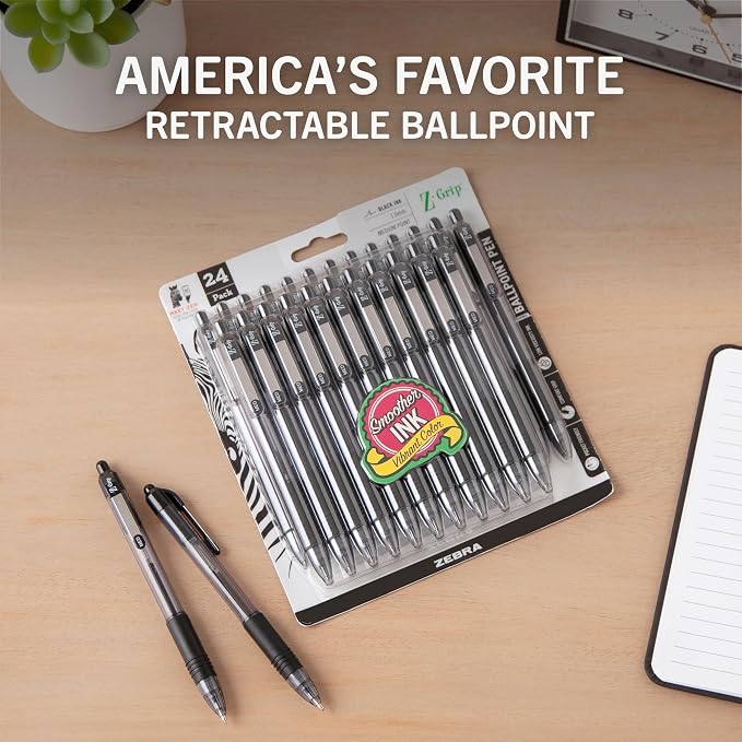 Zebra Pen Z-Grip Retractable Ballpoint Pen, Black Ink, 1.0mm, 24 Bulk-Pack | Smooth Writing, Medium Point Tip, Ideal for Planners, Note-Taking, School and Office Supplies, and Everyday Writing (12221)
