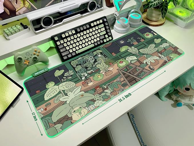 JMIYAV Little Frog RGB Green Gaming Mouse Pad 31.5x12 Inch PC XL Large Glowing Led Light Up Desk Pad Non-Slip Rubber Base Computer Cute Mousepad Mat Desk Accessories Gaming Setup 31.5x12 Inch
