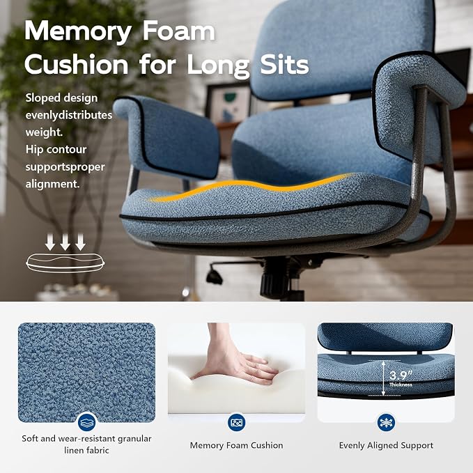 Blue Office Chair, Memory Foam Seat Mid Century Modern Desk Chair | 3.9" Sloped U-Shaped Memory Foam Cushion, Granular Linen Fabric, Lumbar Support, 1.2mm Sturdy Metal Tube, 400LBS Capacity