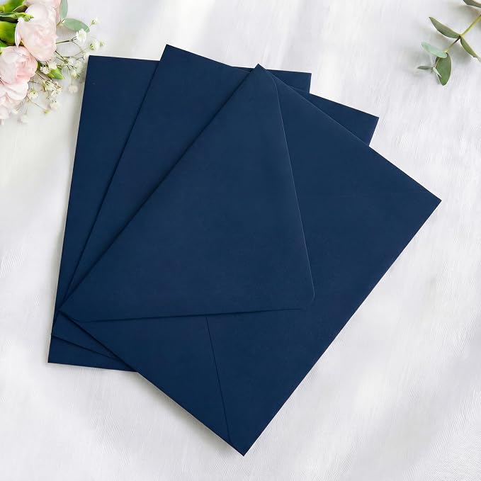 PONATIA 50PCS A7 Euro Flap Envelopes, 5.25 x 7.25'' Liner Envelope For 5x7'' Weddings Invitation Cards, Christmas Gift Cards, Acrylic Invitations, Photos (Navy Blue)