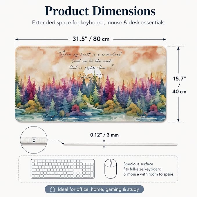 Psalm 61:2 Watercolor Forest Christian Large Mouse Pad 31.5x15,M009 | Psalm 61:2 Bible verse watercolor forest desk mat for home office dorm, religious desk decor and Christian gifts for women