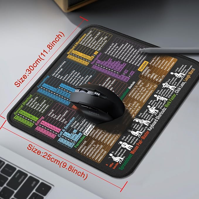 Mouse Pad for Excel Shortcuts – Small Excel Spreadsheet Cheat Sheet Desk Pad – 11.8"x9.8" Portable Computer Mousepad – Gaming, Office, Waterproof, Non-Slip, Stitched Edges