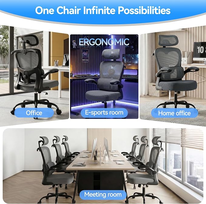 Office Chair Ergonomic Desk Chairs with Adjustable Lumbar Support& Headrest Hanger, High Back Breathable Mesh Chair with Wheels, Rolling Swivel Comfy Task Computer Chair for Home Work Gaming