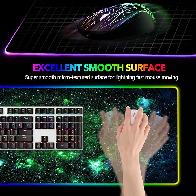 AIMSA RGB Gaming Mouse Pad Extended, Large Led Mousepads Non-Slip Rubber Base with 14 Lighting Modes, Computer Keyboard Mat Soft Desk pad 35.4 x 15.8 inches, Green Star River