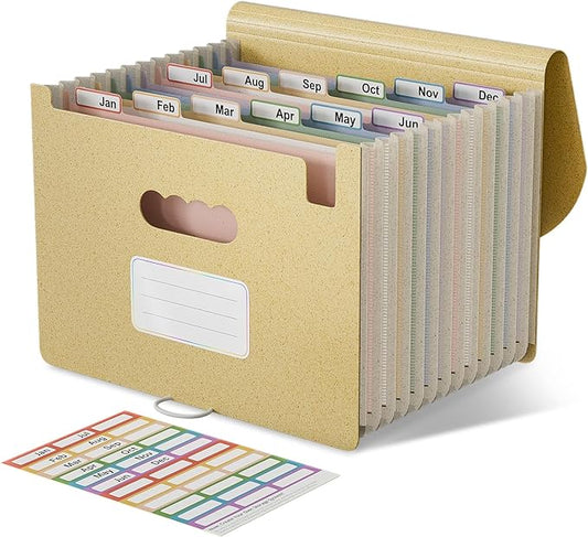 Accordion File Organizer, 12-Pocket Wheat Straw Expanding File Folder, Portable Monthly Bill & Tax Receipt Organizer, Letter/A4 Size Document Holder with Colorful Tabs-Wheat Yellow