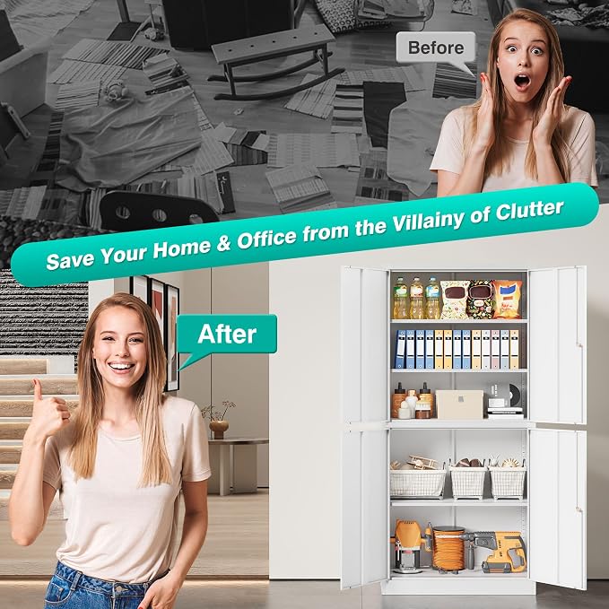 Metal Storage Cabinet with 3 Adjustable Shelves,Garage Storage Cabinet with Lock,White Metal Cabinets with Locking Doors,71" 4 Door Pantry Cabinet,Lockable Cabinets for Home,Office,Garage,Kitchen