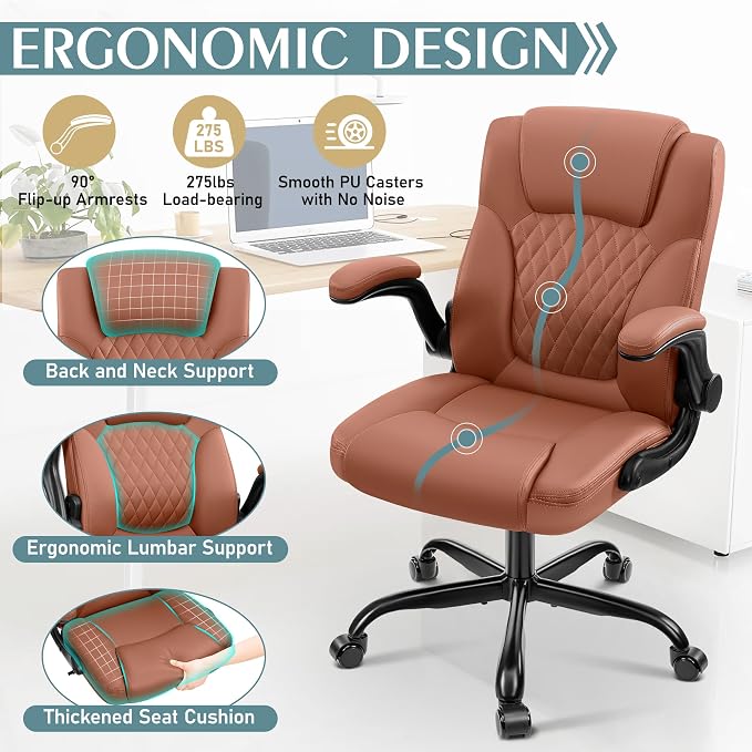 Leather Office Chair, PU Home Computer Desk Chairs with Ergonomic Back Support, 360°Swivel Free，Small Gaming Chair with Wheels and Adjustable Armrests, for Short People Use