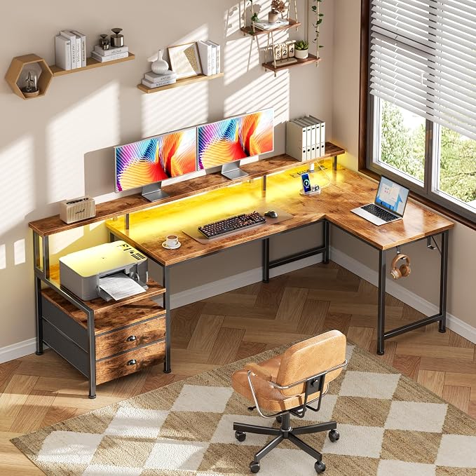 Korfile 57'' L Shaped Computer Desk with Storage Drawers, Power Outlet, LED | Office Desk with Host Stand, Reversible Corner Design for Gaming, Work, Home Office, Study Room, Bedroom