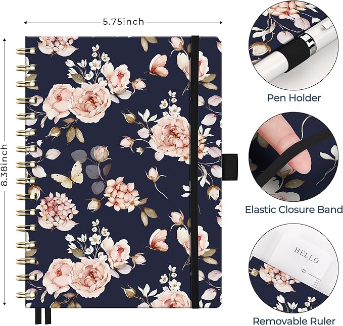 AHGXG Spiral Journal Notebook, 160 Lined Pages, A5 Size (5.7'' x 8.3'') | for Women, Journaling, Writing, Work & Office, Hardcover, 100 GSM Thick Paper (Rose Floral)