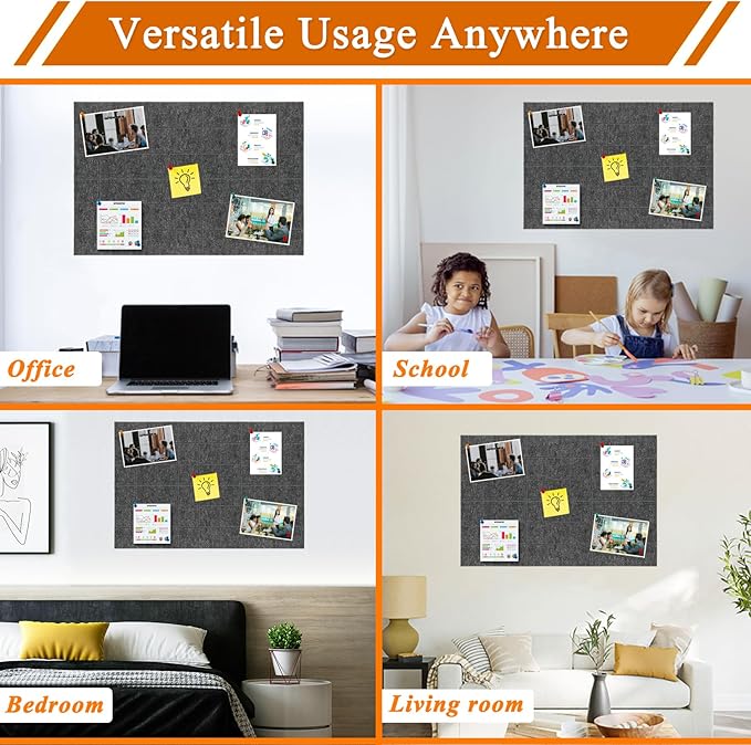 Large Square Felt Cork Board Tiles, Self Adhesive DIY Felt Bulletin Board Pin Board with 35 Pushpins for Office School Home Wall Decor Stickers Memos Photos Display (Deep Grey)