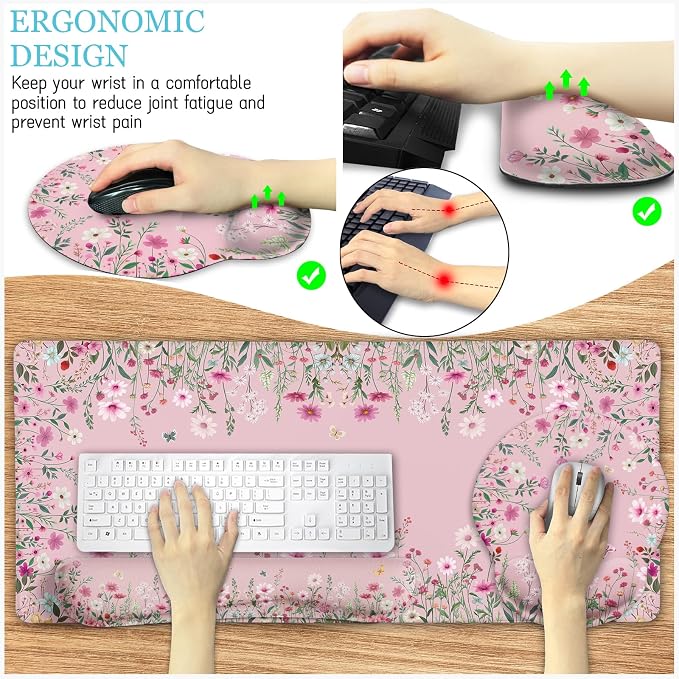 LIMKRIAN Floral Desk Mat Set, Cute Pink Desk Accessories Gifts for Women | Mouse Pad with Gel Wrist Rest, XXL Large Desk Pad, Ergonomic Keyboard Wrist Support, Stitched Edges, Cup Coaster, Desk Decor