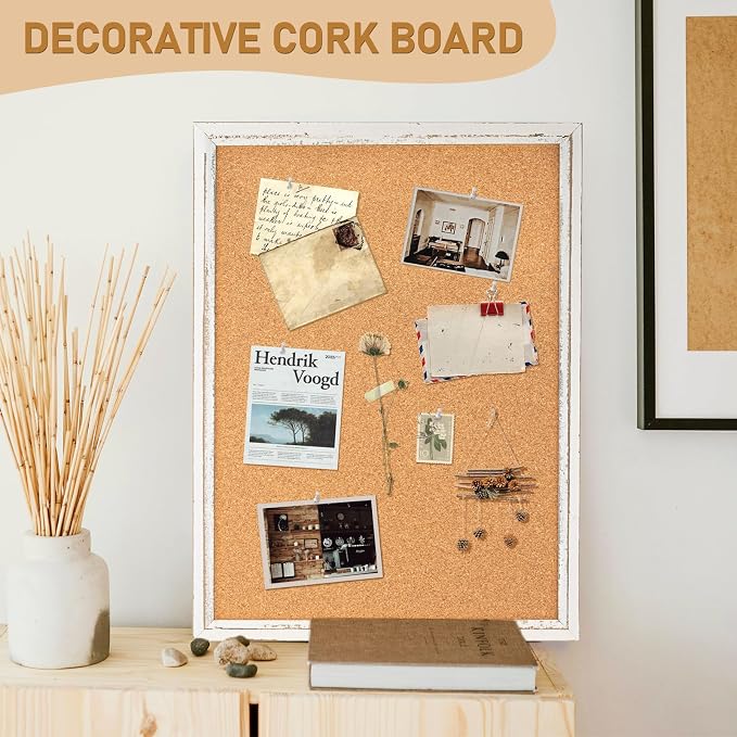 DOLLAR BOSS White Cork Board, 36" X 24" Rustic Framed Bulletin Board | Decorative Pin Board, Wall Hanging, For Office & Home Decor Memo Display, With Pins