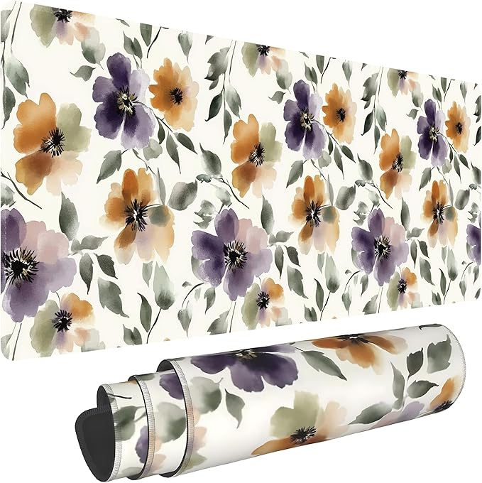 Watercolor Floral Large Mouse Pad,Gaming Keyboard Desk Pad,Extended Mouse Mat Non-Slip Rubber Base with Stitched Edges for Office Game Home XL 31.5"x11.8"