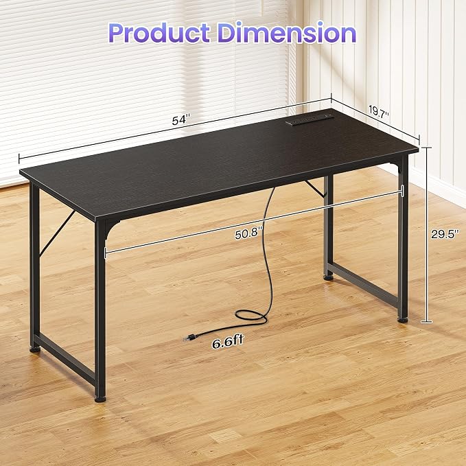 55 X 20 Inch Computer Desk, Power Outlets, USB-C, Black | Office Desk with 4 AC Outlets, USB & USB-C, Sturdy Metal Frame, Spacious Desktop for Work, Writing, Study & Gaming
