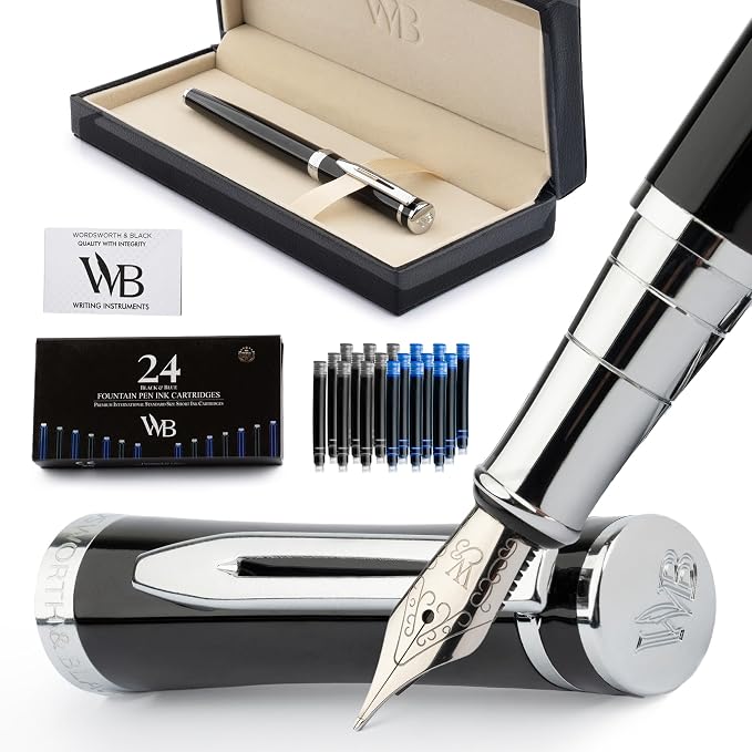 Wordsworth & Black Luxury Fountain Pen Set for Writing, Medium Nib, Black | Gift for Men & Women, Brass Body, 18K German Iridium, Calligraphy, Converter + 24 Ink Cartridges, Refillable, Leak-Free