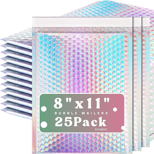 25 Pcs Metallic Bubble Mailers, 8x10 Inch Holographic Bubble Mailers, Poly Padded Envelopes, Self Sealing Shipping Bags, Waterproof Cushion Envelopes for Mailing Packaging Small Business