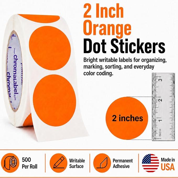 2 Inch Round Orange Stickers, 500/Roll | Writable Circle Labels for Inventory, Warehouses, Offices, Classrooms, and Storage. Made in USA