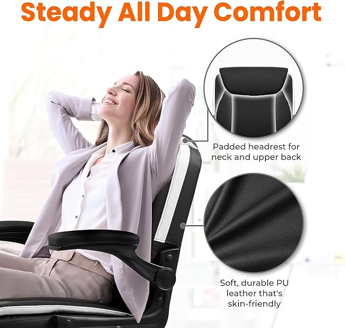 NEO Chair Office Desk Computer Chair Ergonomic Executive Mid-Back Leather Gaming Chair with Adjustable Flip-Up Armrests Wheels Swivel for Home Study Task (Black White)