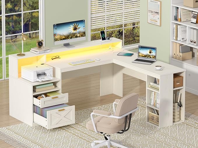 63" Farmhouse L Shaped Desk with Drawers & Storage Shelves for Home Office | Corner Desk with Power Outlets & LED Lights, L-Shaped Office Desks with File Drawer, Printer Shelf, Monitor Stand, White