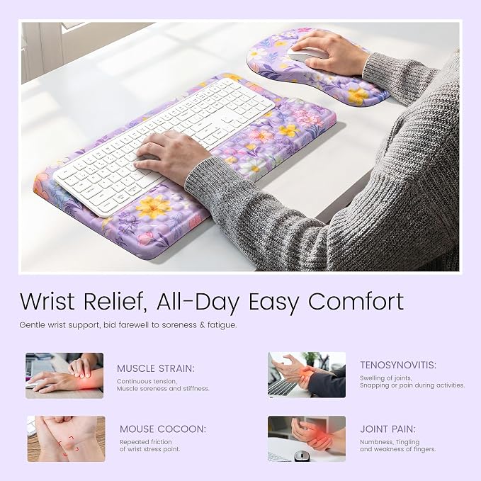 Ospelelf Keyboard Wrist Rest and Mouse Pad Set, Ergonomic Memory Foam Wrist Support, Aesthetic Desk Accessories for Office, Home & Gaming, Relief for Carpal Tunnel & Wrist Pain, Purple Floral
