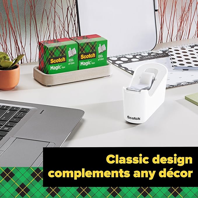 Scotch Tape Dispenser, White, Great for School or Office and Includes 1 Roll of Scotch Magic Tape 3/4 in x 350 in, ABS Material