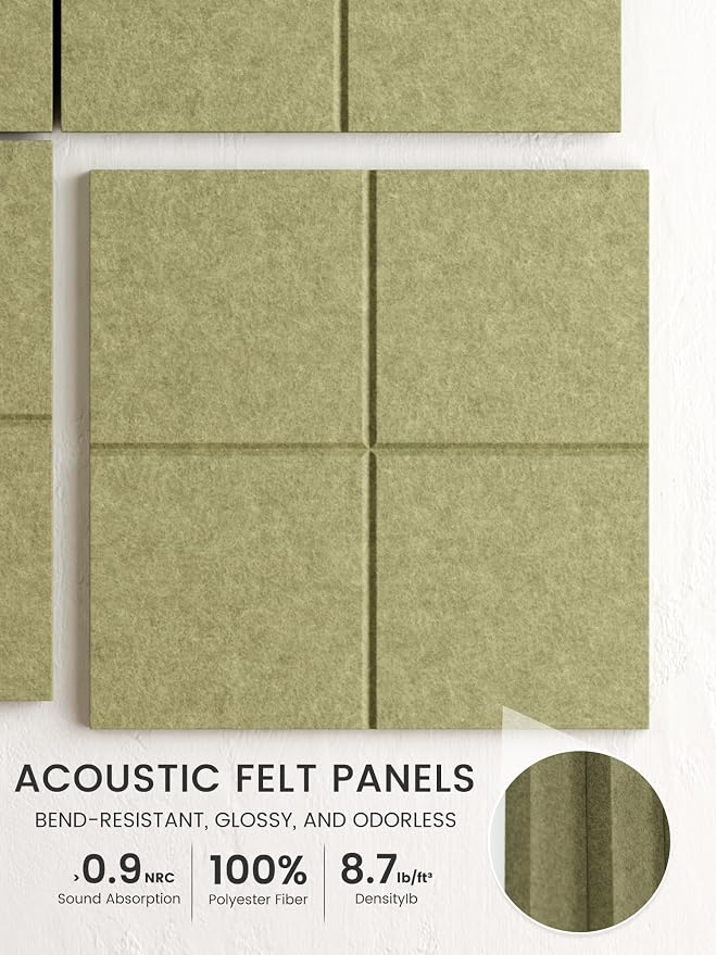 Bumusty 48" x 36" Large Cork Board Alternative, Olive Green | 12-Pack Felt Bulletin Board Tiles, 60 Adhesive Tabs, 30 Pushpins, Home, Office, Classroom, Vision Board