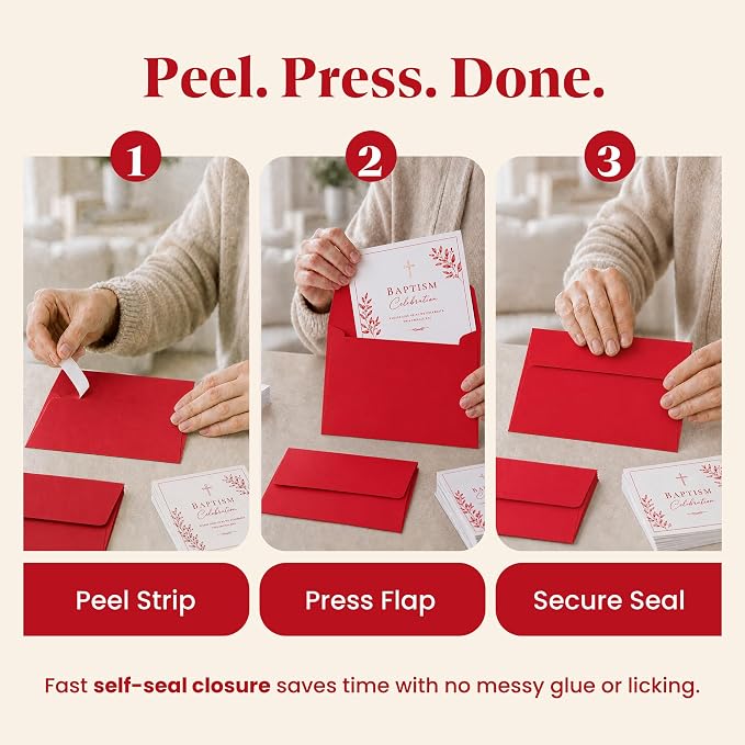 110 5x7 Red Invitation Envelopes - for 5x7 Cards - A7 - (5 ¼ x 7 ¼ inches) - Perfect for Weddings, Graduations, Baby Showers - 120 GSM - 32lb/80lb Text - Peel, Press & Self Seal - Square Flap