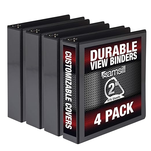 Samsill Durable 2 inch 3 Ring Binder, D Ring Binder, 100% Recycled Chipboard, Black, 4 Pack
