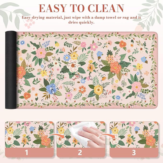 iCasso Floral Desk Mat for Keyboard and Mouse, Pink Floral | Cute Gaming Mouse Pad,Anti-Slip Soft Lycra Surface Computer Mat Women,Girly Big Mousepad for Home Office