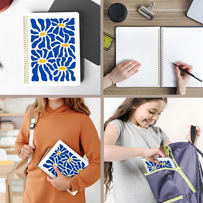 Cute Spiral Notebook journal A4 Aesthetic Pretty Design for Women Girls Kawaii with Pocket, 8.5 x 11 inch, Graph, Blue Flower