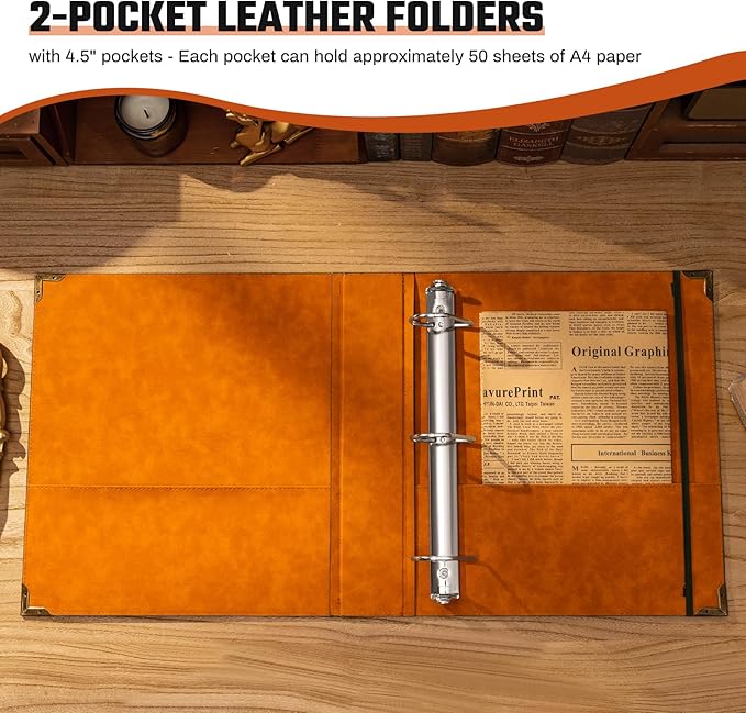 Leather D Ring Binder Fits 8.5"x11" Letter Size Paper, 2 Inch D-Ring Binders Holds 550 Sheets, Notepad Paper Cover Loose Leaf Organizer with Inner Pockets, Green Tree