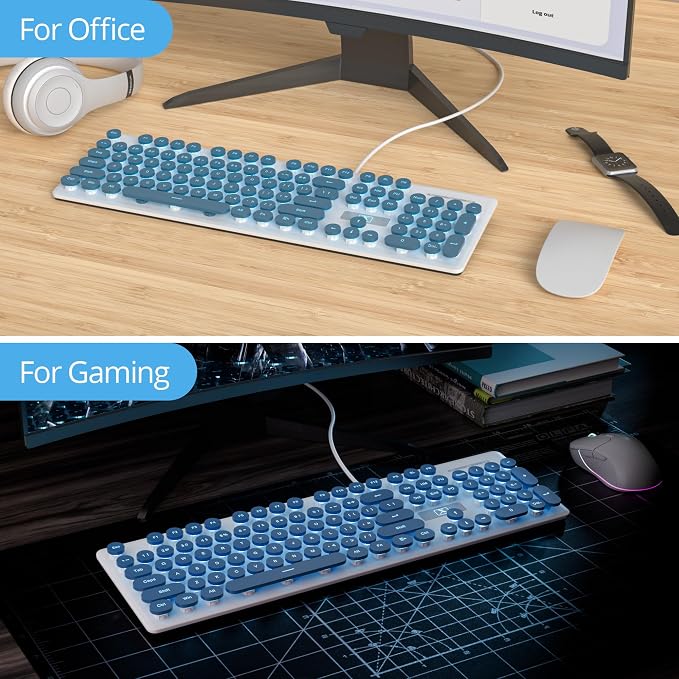 surmen Cute Quiet Keyboard Blue Wired Typewriter Keyboard, Light Up Backlit PC Keyboards with Retro Round Keys Full Size 104 Keys for Office Computer (Blue)