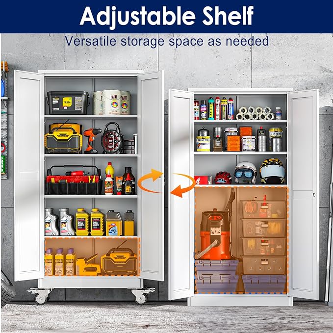 erosoei 71" H Metal Garage Storage Cabinet, Rolling Tool Cabinet with 2 Doors and Wheels, Locker Steel Cabinet with 4 Adjustable Shelves, Organization Cabinet for Garage,Office,Home,Gym,School（White）