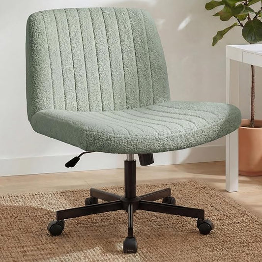 Orange Factory Criss Cross Chair with Wheels, Wide Vanity Seat, Green Teddy | Cross-Legged with 360° Swivel, Height Adjustable, Smooth and Silent Wheels, Comfy Seating for Office, Desk, or Computer Use