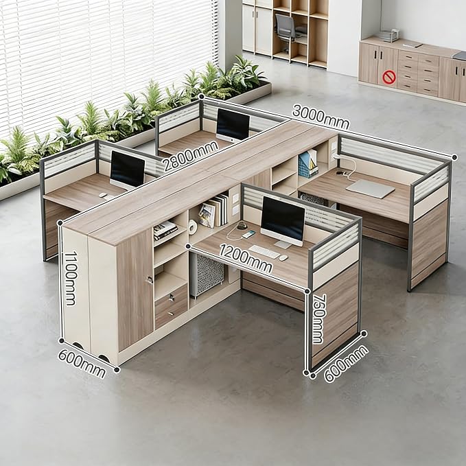 Modern Office Workstation Desk with Side Storage Cabinet, Tempered Glass Privacy Panels, USB Charging Hub & Cable Management, Modular Cubicle Desk for Office Work (C - Left, 4P-A)