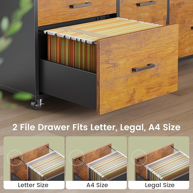 SEDETA 6 Drawers File Cabinet with Power Strip fits Legal/Letter/A4 Size | 47" Wood Mobile Lateral Filing Cabinet for Home Office, Printer Stand with Storage Shelf and Led Lights, Rustic Brown