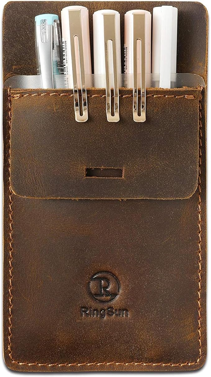 Men's Pocket Protector - Full Grain Leather - Heavy Duty Pen Holder for Shirts, Lab Coats - Holds 6 Pens & Pointers & Cards