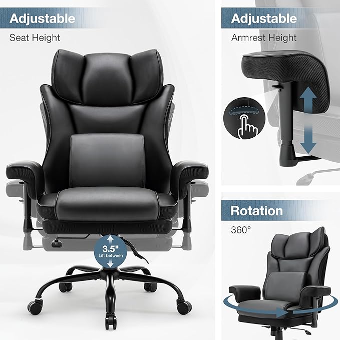 650lbs Big and Tall Office Chair with for Heavy People with Massage Lumbar Pillow, Heavy Duty Executive Desk Chair with Adjustable Padded Armrest & Lumbar Support for Adults 8 Hours Daliy Work