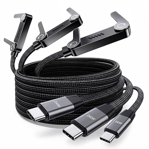 LOOHOI 240W Fast Charging USB-C to USB-C Cable with Built-in Phone Stand | 90° Fast Charging Invisible Stand Type-C Braided Charger Cable for Gaming, Streaming & Hands-Free Viewing (10FT, 3PCS)