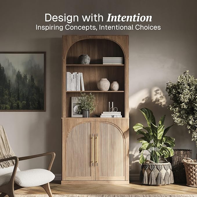 BELLEZE 72" Modern Wood Bookshelf with Arched Doors,Tall Storage Cabinet with Hutch and 3-Tier Shelves, Display Curio Cabinet for Kitchen, Dining Room, Living Room, or Office, Camel